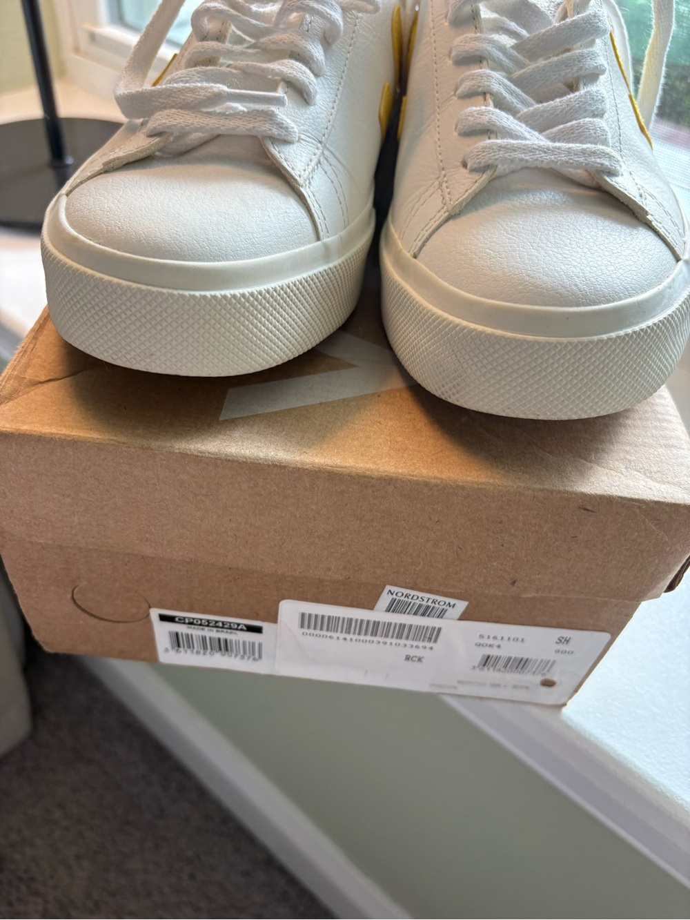 Veja White Leather Sneakers with Yellow V Detail - Picture 4 of 5
